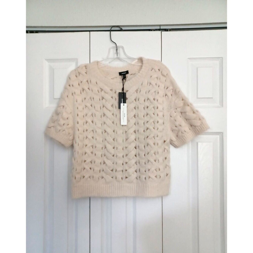 NWT Express Open Stitch Cable Knit Crew Neck Short Sleeve Sweater Women Size S - Picture 3 of 11